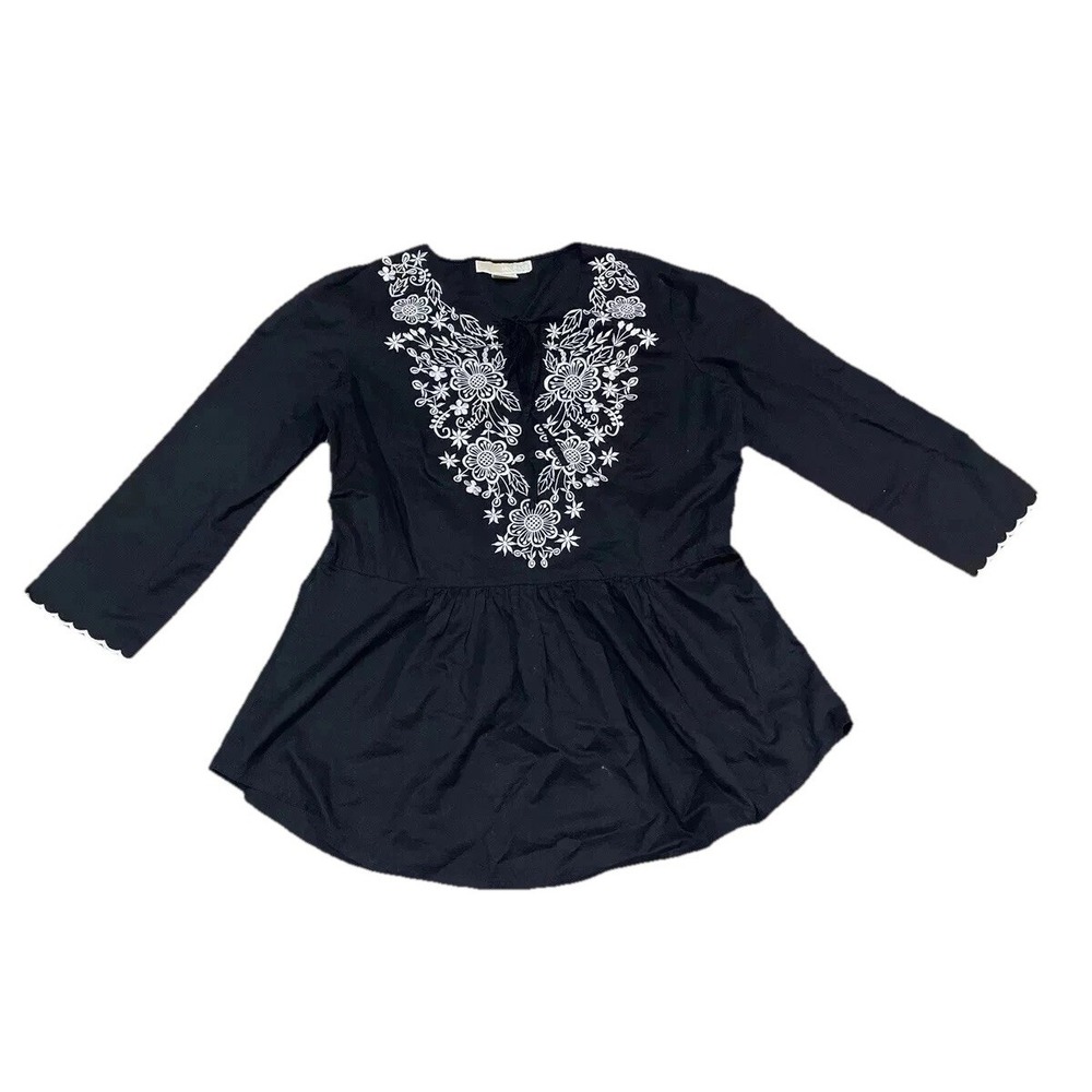 Michael Kors Women's Black Blouse White Floral Embroidery Peplum Size M‎ Shirt